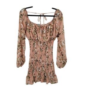 Smocked Off-Shoulder Puff Sleeve Mini Dress Sz M Flounce Hem Baby Doll Maiden